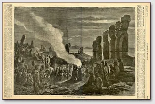 Гравюра 1873 года из английской газеты "Harper Weekly". Гравюра подписана: "Easter Island Stone Idols Festival Dancing Tatoos" (Фестиваль татуированных танцовщиц у каменных идолов острова Пасхи).