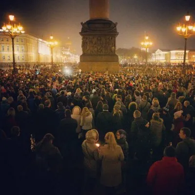 Фоторепортаж с траурной акции на Дворцовой площади, куда пришли тысячи петербуржцев